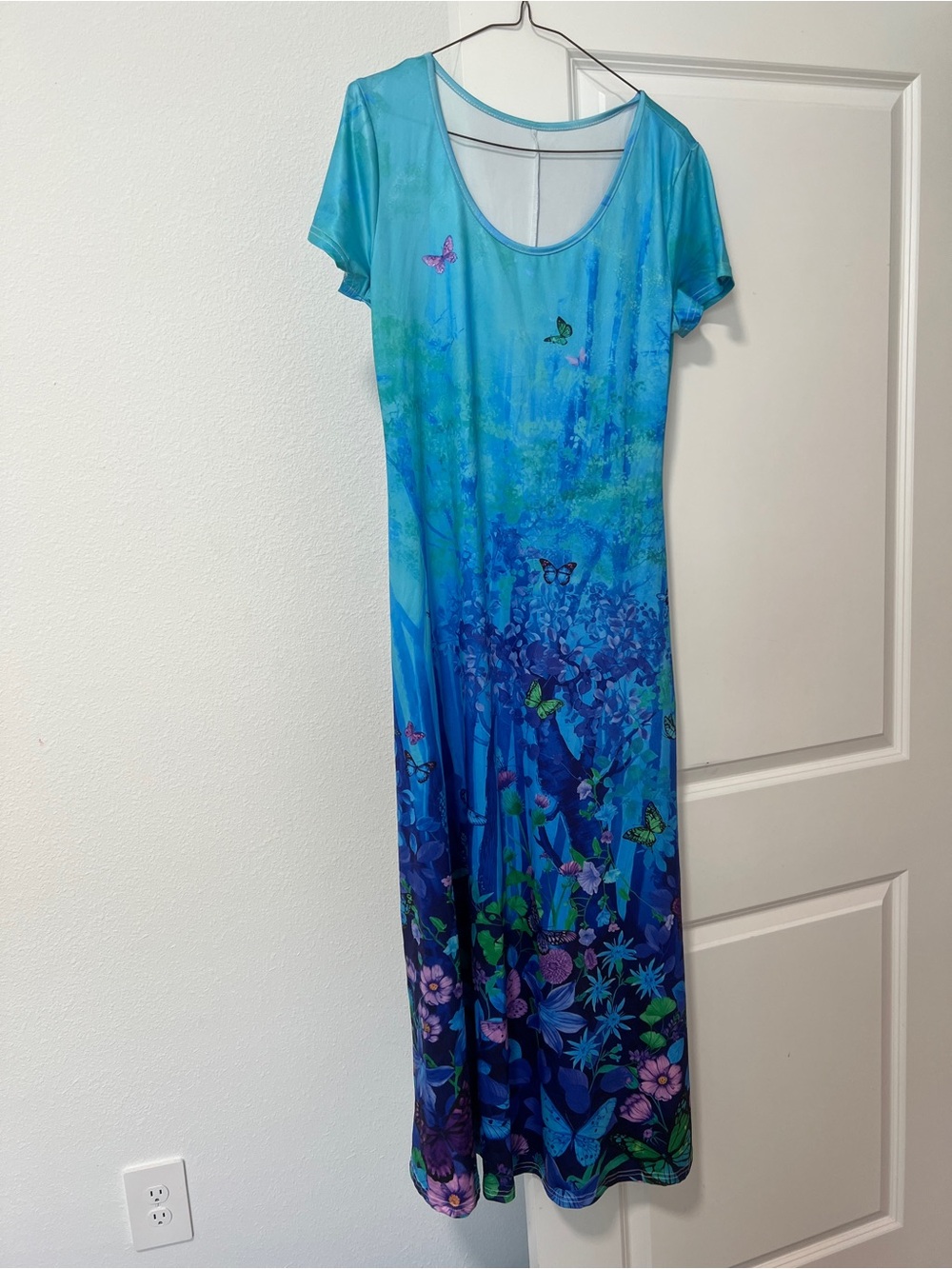Blue Floral Butterfly Scoop-Neck Maxi Dress